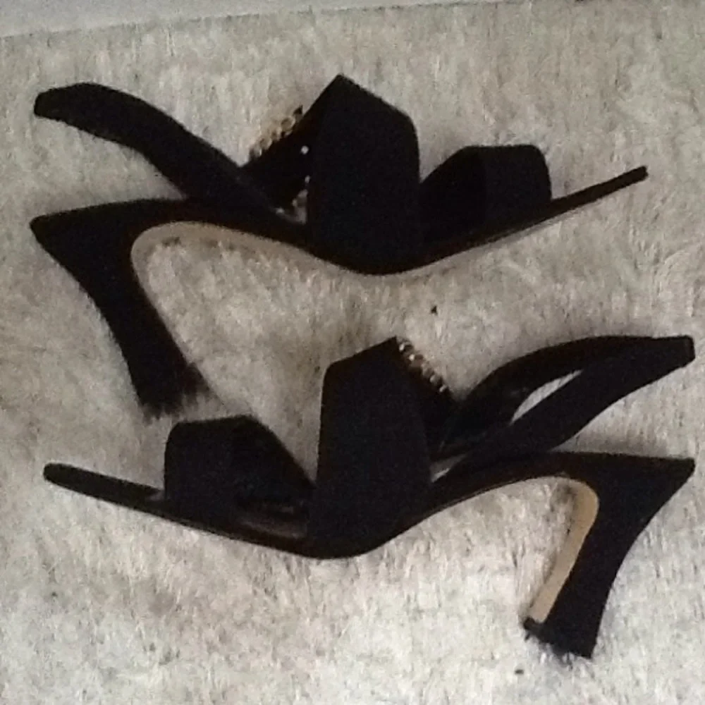 Caparro's‎ Black Satin Rhinestone Large Buckle Square Heels Shoes